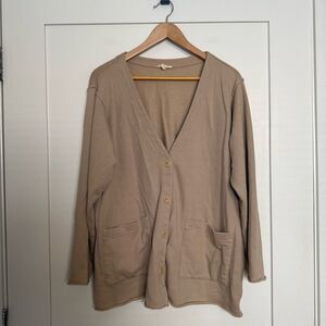 Eileen Fisher Cardigan Plus Sz 1X Khaki French Terry 100% Organic Cotton Pockets